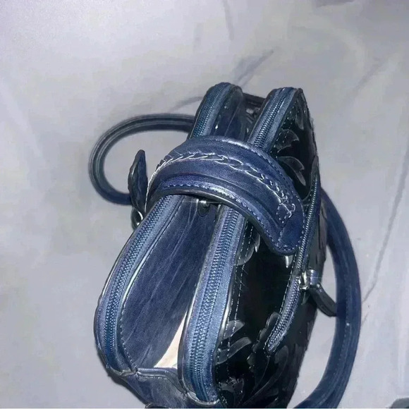 Madi Claire Abigale Tooled Leather Crossbody Handbag Black Ink Purple Embossed - Picture 5 of 7